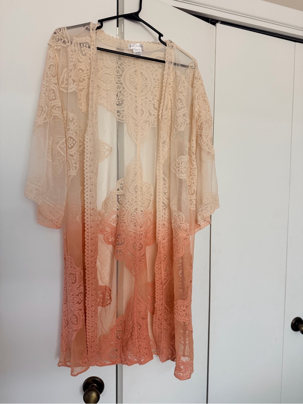 Sole Society Sheer Lace Ombre Kimono Cardigan - Peach Beige